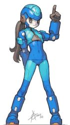 Rule 34 | 1girl, anarchy symbol, android, arms behind back, arne 06, artist name, blue headwear, brown eyes, brown hair, expressionless, gender request, genderswap, gloves, helmet, joints, knees, long hair, mega man (character), mega man (series), mega man legends (series), mega man volnutt, navel, pointing, pointing up, robot, robot joints, simple background, skin tight, solo, tagme, white background, zipper