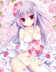 Rule 34 | 1girl, bouquet, breasts, cameltoe, cleavage, closed mouth, collarbone, detached sleeves, floating hair, flower, frilled panties, frills, garter belt, hair between eyes, hasune, highres, holding, holding bouquet, jewelry, long hair, long sleeves, looking at viewer, medium breasts, midriff, navel, necklace, original, panties, petals, pink flower, pink rose, red eyes, rose, silver hair, sitting, smile, solo, stomach, strapless, thighhighs, underwear, very long hair, white flower, white panties, white rose, white sleeves, white thighhighs