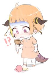 Rule 34 | !?, 1girl, aged down, ahoge, alternate costume, alternate hairstyle, blonde hair, blunt bangs, blush, bright pupils, child, commentary request, dragon girl, dragon horns, dragon tail, failure, fang, food, full body, holding, holding food, hololive, horns, ice cream, ice cream cone, isuka, kiryu coco, looking at object, looking down, multicolored hair, orange hair, parted lips, pointy ears, purple eyes, short hair, short sleeves, simple background, skin fang, skirt, skirt set, solo, spill, standing, streaked hair, tail, turn pale, virtual youtuber, white background, white pupils