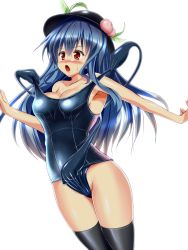Rule 34 | 1girl, alternate breast size, bad anatomy, black thighhighs, blue hair, blush, breast lift, breasts, cleavage, collarbone, food, frontal wedgie, fruit, hat, highres, hinanawi tenshi, honda takaharu, large breasts, leaf, living clothes, long hair, one-piece swimsuit, open mouth, peach, red eyes, school swimsuit, shiny clothes, simple background, skindentation, solo, strap pull, strap slip, sweatdrop, swimsuit, swimsuit tug, thighhighs, touhou, wedgie
