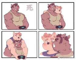 Rule 34 | 2boys, :d, animal ears, bara, blank eyes, blank stare, blush, boar boy, boar ears, brown tank top, chin rest, closed eyes, collage, couple, cropped shoulders, cropped torso, ep06, facial hair, forked eyebrows, furry, furry male, furry with furry, goatee, goatee stubble, hand on another&#039;s shoulder, handheld game console, head on another&#039;s shoulder, head on head, head rest, holding, holding handheld game console, kiss, kissing cheek, large pectorals, male focus, multiple boys, muscular, muscular male, no mouth, open mouth, original, pectoral cleavage, pectorals, pink fur, pink hair, playing games, short hair, shy, sideburns, sidepec, smile, stubble, tank top, tears, thick eyebrows, tusks, yaoi, yawning