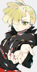 Rule 34 | 1boy, black shirt, blonde hair, commentary request, creatures (company), fingernails, game freak, gladion (pokemon), green eyes, hair between eyes, highres, hood, hood down, hooded vest, hoodie, kawasaki (kwsk 8765), looking to the side, male focus, nintendo, outstretched hand, parted lips, pokemon, pokemon sm, shirt, short hair, solo, tassel, upper body, vest
