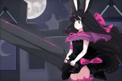 Rule 34 | 1girl, :&lt;, absurdres, animal ears, banner, black dress, black hair, bow, capelet, closed mouth, commentary, cowboy shot, dress, english commentary, floating hair, full moon, greatsword, hair bow, heavyblade rabbit, highres, holding, holding sword, holding weapon, long hair, looking afar, maishtar colo, medium bangs, moon, neck ribbon, night, outdoors, pink bow, pink eyes, pink ribbon, purple capelet, rabbit and steel, rabbit ears, rabbit girl, ribbon, ribbon-trimmed dress, solo, sword, v-shaped eyebrows, weapon