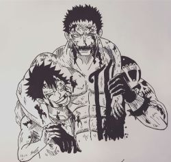 Rule 34 | 2boys, absurdres, age difference, angry, artist request, black hair, blood, charlotte katakuri, fangs, grabbing, highres, injury, looking at viewer, monkey d. luffy, monochrome, multiple boys, muscular, one piece, scar, serious, short hair, simple background, size difference, smile, standing, tattoo