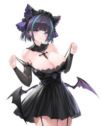 Rule 34 | 1girl, :3, absurdres, animal ears, ano (madoka23), azur lane, black dress, black hair, blue eyes, blush, breasts, cheshire (azur lane), cleavage, detached sleeves, dress, frills, garter straps, highres, large breasts, looking at viewer, low wings, maid headdress, multicolored hair, short hair, smile, solo, strap pull, streaked hair, thighhighs, two-tone hair, wings