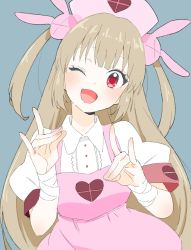 Rule 34 | 1girl, absurdres, apron, armband, bad id, bad twitter id, bandages, blush, buttons, collared shirt, donguri suzume, dress shirt, fang, fox shadow puppet, hair ornament, hand gesture, hat, heart, highres, light brown hair, long hair, looking at viewer, natori sana, nurse cap, one eye closed, open mouth, pink apron, pink hat, puffy short sleeves, puffy sleeves, red eyes, sana channel, shirt, short sleeves, simple background, solo, two side up, very long hair, virtual youtuber