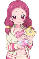 Rule 34 | 10s, 2girls, baby, beige jacket, beige pants, blonde hair, blush, breastfeeding, camisole, camisole lift, closed eyes, closed mouth, clothes lift, collarbone, commentary request, fingernails, holding, hug-tan (precure), hugtto! precure, jacket, kimagure blue, long hair, low twintails, multiple girls, nono hana, nose blush, open clothes, open jacket, pants, pink camisole, precure, purple eyes, purple hair, simple background, sweat, twintails, two side up, wavy mouth, white background