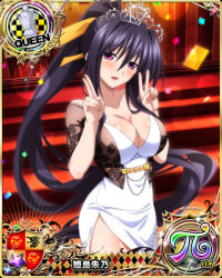 Rule 34 | 1girl, black hair, breasts, card (medium), chess piece, cleavage, high school dxd, himejima akeno, large breasts, long hair, official art, ponytail, purple eyes, queen (chess), solo