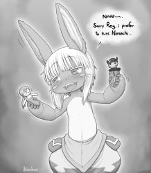 Rule 34 | 1other, :d, androgynous, animal ears, blush, character doll, cowboy shot, english text, facial mark, furry, greyscale, highres, horizontal pupils, kionant, made in abyss, monochrome, nanachi (made in abyss), open mouth, playing, pouch, puffy pants, rabbit ears, regu (made in abyss), riko (made in abyss), signature, smile, solo, topless, whisker markings