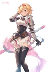 Rule 34 | 1girl, absurdres, adjusting hair, annno ans, arm armor, armor, artist name, belt, black corset, black footwear, black gloves, black sleeves, blonde hair, blush, boots, breasts, brown belt, brown eyes, closed mouth, collared dress, commission, corset, djeeta (granblue fantasy), dress, feet out of frame, gloves, granblue fantasy, granblue fantasy: relink, hairband, hand up, highres, knees together feet apart, lace, lace-trimmed dress, lace trim, looking at viewer, medium breasts, pink hairband, rebelwear (granblue fantasy), short dress, short hair, shoulder armor, smile, solo, standing, sword, thigh boots, weapon, weapon on back, white background, white dress