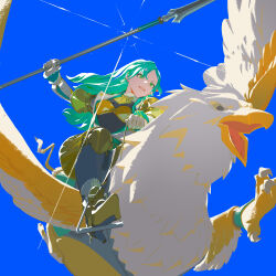 Rule 34 | 1girl, absurdres, antiquewhite, blue background, chloe (fire emblem), fire emblem, fire emblem engage, gloves, green eyes, green hair, griffin, high heels, highres, holding, holding polearm, holding weapon, long hair, nintendo, polearm, riding, spear, stirrups (riding), weapon, white gloves
