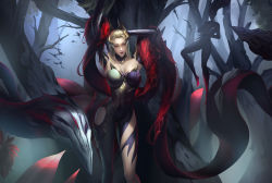 Rule 34 | 2girls, absurdres, animal, arms up, bare shoulders, bird, black skin, blonde hair, breasts, closed mouth, collarbone, colored skin, elbow gloves, feet out of frame, fog, forest, gloves, highres, holding, holding weapon, large breasts, league of legends, long hair, looking at viewer, makoto mikado kon ko so, multiple girls, nature, official alternate costume, outdoors, red lips, solo focus, tree, weapon, zyra