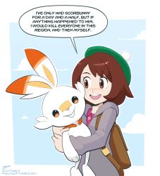 Rule 34 | 1girl, animal ears, blush, brooklyn nine-nine, brown eyes, brown hair, creatures (company), english text, game freak, gen 8 pokemon, gloria (pokemon), green hat, hat, highres, hug, i&#039;ve only had arlo for a day and a half, letitmelo, meme, nintendo, open mouth, pokemon, pokemon (creature), pokemon swsh, rabbit, rabbit ears, scorbunny, short hair, simple background, smile, tam o&#039; shanter, teeth, upper teeth only, white background