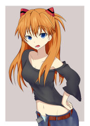 Rule 34 | 1girl, belt, blue eyes, casual, hand on own hip, hip focus, neon genesis evangelion, no bra, off shoulder, open belt, open fly, panties, red hair, solo, souryuu asuka langley, striped clothes, striped panties, unbuckled, unbuttoned, underwear, unzipped
