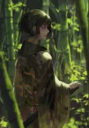 Rule 34 | 1girl, bamboo, bamboo forest, black eyes, black hair, blurry, blurry background, bob cut, day, forest, highres, japanese clothes, katana, kimono, looking to the side, nature, original, outdoors, rsef, sheath, sheathed, short hair, standing, sword, weapon, wide sleeves