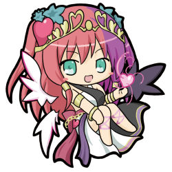 Rule 34 | 1girl, :d, asymmetrical wings, bare shoulders, barefoot, black dress, black wings, blush stickers, breasts, chain, chaos venus (p&amp;d), chibi, commentary request, dress, full body, green eyes, hair between eyes, hair ornament, hand up, heart, large breasts, looking at viewer, multicolored clothes, multicolored dress, multicolored hair, open mouth, pink hair, purple hair, puzzle &amp; dragons, ri-net, simple background, sleeveless, sleeveless dress, smile, solo, tiara, two-tone hair, venus (p&amp;d), white background, white dress, white wings, wings