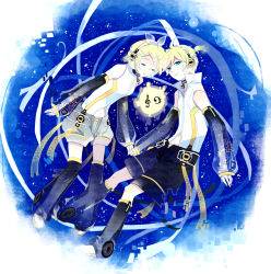 Rule 34 | 1boy, 1girl, arm warmers, bad id, bad pixiv id, blonde hair, blue eyes, brother and sister, detached sleeves, closed eyes, hair ornament, hair ribbon, hairclip, headphones, highres, kagamine len, kagamine len (append), kagamine rin, kagamine rin (append), leg warmers, mig (36th underground), navel, popped collar, ribbon, short hair, shorts, siblings, twins, vocaloid, vocaloid append