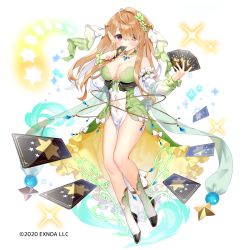 Rule 34 | 1girl, 2020, ahoge, bare shoulders, black card, black footwear, blush, bow, breasts, brown hair, card, center opening, chihiro (khorosho), cleavage, closed mouth, clothing cutout, collarbone, company name, detached sleeves, dot mouth, dot nose, dress, floating, floating card, flower, fortress girl, frilled dress, frilled sleeves, frills, full body, gold trim, green dress, green ribbon, hair between eyes, hair flower, hair intakes, hair ornament, hair over one eye, highres, holding, holding card, hoop, kneehighs, long sleeves, looking at viewer, medium breasts, navel, navel cutout, official art, orb, parted bangs, pelvic curtain, pendant choker, red eyes, ribbon, shawl, shoes, sidelocks, socks, solo, sparkle background, underbust, white background