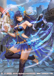 Rule 34 | 1girl, bird, black thighhighs, blue dress, blue eyes, blue hair, blue sky, breasts, claws, closed mouth, clothing cutout, cloud, cloudy sky, commentary request, detached collar, dress, fantasy, fingernails, giant hand, hair ornament, high heels, large breasts, long hair, looking at viewer, magic, official art, outdoors, pointing, pointing at viewer, pointy ears, ruins, seisen cerberus, sharp fingernails, side cutout, sky, solo, standing, standing on one leg, stone floor, striped clothes, striped thighhighs, thighhighs, tower, town, vertical-striped clothes, vertical-striped thighhighs, very long hair, wristlet, xiaji