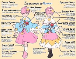 Rule 34 | 1girl, adapted costume, artist name, blue shirt, boots, brown footwear, capelet, commentary, dual persona, english commentary, english text, expressionless, frilled sleeves, frills, hairband, heart, highres, kneehighs, komeiji satori, layered skirt, looking at viewer, mefomefo, multiple views, one eye closed, pink eyes, pink footwear, pink hair, pink skirt, shirt, short hair, skirt, slippers, socks, third eye, touhou, veins, white socks, wide sleeves, yellow background