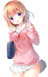 Rule 34 | 1girl, :d, absurdres, bag, blush, breasts, brown hair, commentary request, gochuumon wa usagi desu ka?, hair ornament, hairclip, highres, hoto cocoa, hoto cocoa&#039;s school uniform, long sleeves, looking at viewer, neck ribbon, open mouth, pink shirt, pizzzica, pleated skirt, purple eyes, red ribbon, ribbon, sailor collar, school bag, school uniform, serafuku, shirt, simple background, skirt, sleeves past wrists, small breasts, smile, solo, white background, white sailor collar, white skirt