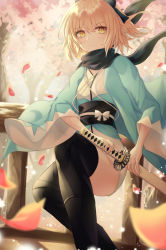 Rule 34 | 1girl, black bow, black scarf, black thighhighs, blonde hair, bow, cherry blossoms, commentary, falling petals, fate/grand order, fate (series), frown, gift (artist), hair bow, half updo, haori, japanese clothes, katana, kimono, koha-ace, looking at viewer, obi, obijime, okita souji (fate), okita souji (koha-ace), petals, sash, scarf, sheath, sheathed, short hair, short kimono, sidelocks, solo, squatting, sword, thighhighs, weapon, yellow eyes