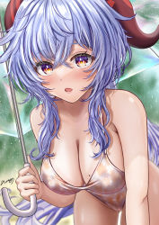 Rule 34 | 1girl, absurdres, bare arms, bell, bent over, black legwear, blue hair, blush, breasts, cameltoe, cleavage, curled horns, ganyu (genshin impact), genshin impact, highres, holding, holding umbrella, horns, large breasts, leaning forward, long hair, looking at viewer, mole, mole on breast, multicolored eyes, nori chazuke, one-piece swimsuit, open mouth, parted lips, rain, sidelocks, signature, solo, standing, swimsuit, thigh gap, transparent, transparent umbrella, triangle mouth, umbrella, wet
