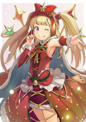 Rule 34 | 1girl, ;p, armpits, bell, blonde hair, bow, breasts, cagliostro (granblue fantasy), cowboy shot, detached sleeves, floating hair, frilled bow, frills, fur trim, granblue fantasy, hair bow, hair tubes, hinami (hinatamizu), long hair, looking at viewer, miniskirt, one eye closed, outstretched arm, purple eyes, red bow, red skirt, showgirl skirt, sideboob, skirt, small breasts, solo, standing, striped clothes, striped skirt, tongue, tongue out, twintails, vertical-striped clothes, vertical-striped skirt, very long hair