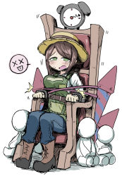 Rule 34 | 1girl, absurdres, alarm clock, armchair, blush, boots, bound, brown hair, chair, clock, denim, doll, emma woods, full body, green eyes, hat, highres, identity v, jeans, looking at viewer, open mouth, pants, patch, short hair, simple background, solo, sweatdrop, tears, tied to chair, tied up (nonsexual), white-stew, white background, x x