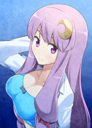 Rule 34 | 1girl, breasts, casual, cleavage, crescent, crescent hair ornament, female focus, hair ornament, hairclip, large breasts, long hair, looking at viewer, patchouli knowledge, purple eyes, purple hair, solo, touhou, yuuzii