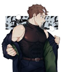 Rule 34 | 1boy, bara, belt, beryl gardernant, black jacket, black pants, black shirt, blazer, brown belt, brown hair, closed mouth, collarbone, covered abs, facial hair, formal, goatee, green eyes, hands in pockets, highres, indietro verde, jacket, katainaka no ossan kensei ni naru, looking to the side, male focus, mature male, multicolored hair, muscular, muscular male, open clothes, open jacket, pants, pectorals, removing jacket, shirt, sidepec, simple background, sleeveless, solo, steaming body, stubble, suit, turtleneck, two-tone hair, white hair
