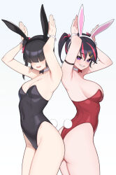Rule 34 | 2girls, absurdres, animal ears, ariduka anto, ariduka formica, armpits, arms up, ass, bare shoulders, black hair, black leotard, blush, breasts, covered navel, cowboy shot, detached collar, fake animal ears, hair between eyes, hair ornament, highleg, highleg leotard, highres, houkago shounen, large breasts, leotard, long hair, looking at viewer, mole, multicolored hair, multiple girls, pink hair, playboy bunny, purple eyes, rabbit ears, rabbit pose, rabbit tail, red hair, red leotard, short hair, small breasts, smile, standing, strapless, strapless leotard, streaked hair, tail, teeth, thighs, twintails, two-tone hair, virtual ant channel, virtual youtuber, white background
