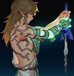 Rule 34 | 1boy, archaic set (zelda), arms up, bare shoulders, black background, blonde hair, blue eyes, body markings, bodypaint, closed mouth, commentary, earrings, eyelashes, hair between eyes, holding, holding sword, holding weapon, jewelry, link, long hair, male focus, mimme (haenakk7), nintendo, pointy ears, profile, sidelocks, simple background, solo, sword, the legend of zelda, the legend of zelda: tears of the kingdom, upper body, weapon