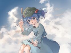 Rule 34 | 1girl, 80isiiii, blue eyes, blue hair, blue shirt, blue skirt, blush, cloud, cloudy sky, collared shirt, feet out of frame, flat cap, green hat, hair between eyes, hair bobbles, hair ornament, hat, highres, holding, holding wrench, kawashiro nitori, long sleeves, open mouth, shirt, short hair, skirt, sky, smile, solo, touhou, two side up, wrench