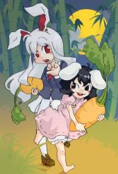 Rule 34 | 2girls, animal ears, rabbit ears, carrot, cloud, female focus, full body, inaba tewi, multiple girls, outdoors, plant, reisen udongein inaba, sky, sonoreto, standing, touhou, tree