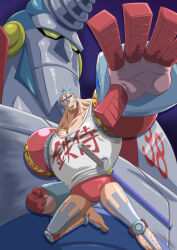 Rule 34 | 1boy, artist request, blue hair, closed eyes, cyborg, drinking, foreshortening, franky (one piece), franky shogun, gleam, grin, hand on own hip, highres, jumping, long hair, looking at viewer, manly, mecha, mechanical arms, mechanical parts, official art, one piece, pectorals, robot, scar, scar on chest, shaded face, shirt, smile, stitches, sunglasses, sword, weapon, white shirt