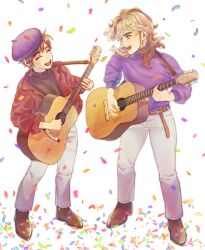 Rule 34 | :d, arven (pokemon), belt, blue eyes, brown footwear, brown hair, confetti, creatures (company), facing another, florian (pokemon), game freak, guitar, highres, instrument, jacket, looking at another, male focus, minminzemi, multicolored hair, music, nintendo, open mouth, pants, playing instrument, pokemon, pokemon sv, purple headwear, purple shirt, red jacket, shirt, short hair, singing, smile, standing, streaked hair