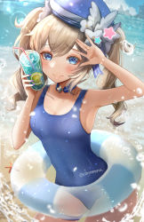 Rule 34 | 1girl, absurdres, alternate costume, armpits, barbara (genshin impact), beach, blue eyes, blue one-piece swimsuit, blurry, choker, collarbone, commentary request, cup, depth of field, drink, drinking glass, drinking straw, food, fruit, genshin impact, hair between eyes, hat, hat ornament, highres, holding, holding cup, ice, ice cube, innertube, leaning forward, lemon, lemon slice, light brown hair, long hair, looking at viewer, nanamo yado, ocean, one-piece swimsuit, school swimsuit, sidelocks, sleeveless, smile, solo, starfish, swim ring, swimsuit, twintails, wet, wet clothes, wet swimsuit