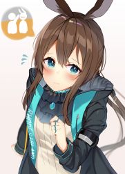 Rule 34 | 1girl, amiya (arknights), animal ears, arknights, black jacket, blue eyes, blurry, blurry background, blush, brooch, brown hair, closed mouth, commentary request, depth of field, flying sweatdrops, gradient background, grey background, hair between eyes, hand up, highres, jacket, jewelry, long hair, long sleeves, looking at viewer, mizuki ryuu, open clothes, open jacket, rabbit ears, ribbed shirt, ring, shirt, smile, solo, speech bubble, very long hair, white background, white shirt