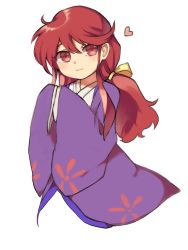 Rule 34 | 1girl, bad id, bad twitter id, blush, closed mouth, commentary request, cropped legs, hands in opposite sleeves, heart, kotohime (touhou), long hair, long sleeves, looking at viewer, phantasmagoria of dim.dream, ponytail, red eyes, red hair, sasa kichi, simple background, smile, solo, touhou, touhou (pc-98), upper body, white background