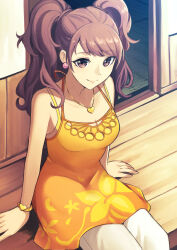 Rule 34 | 1girl, architecture, arm support, bare shoulders, breasts, brown eyes, cleavage, closed mouth, collarbone, commentary, cowboy shot, dress, earrings, east asian architecture, english commentary, floral print, halterneck, heart, heart necklace, highres, jewelry, kujikawa rise, kuki tan, long hair, looking at viewer, medium breasts, necklace, orange dress, outdoors, persona, persona 4, sidelocks, sitting, sleeveless, sleeveless dress, smile, solo, swept bangs, twintails, wavy hair, wrist cuffs