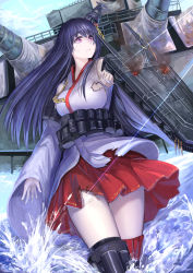 Rule 34 | 10s, 1girl, bare shoulders, black hair, breasts, detached sleeves, fusou (kancolle), hair ornament, highres, japanese clothes, kantai collection, koruse, large breasts, long hair, nontraditional miko, personification, red eyes, solo, torn clothes