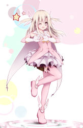Rule 34 | 1girl, absurdres, blonde hair, desakey, fate/kaleid liner prisma illya, fate (series), full body, gloves, highres, illyasviel von einzbern, long hair, looking at viewer, magical girl, one eye closed, open mouth, pink eyes, pink thighhighs, silver hair, skirt, solo, standing, standing on one leg, thighhighs, white gloves