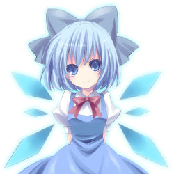 Rule 34 | 1girl, arms behind back, blue eyes, blue hair, bow, bowtie, cirno, colored eyelashes, dress, embodiment of scarlet devil, female focus, gradient background, hair between eyes, hair bow, hair ribbon, head tilt, looking at viewer, matching hair/eyes, moru, pinafore dress, puffy short sleeves, puffy sleeves, ribbon, short hair, short sleeves, simple background, sleeveless, sleeveless dress, smile, solo, touhou, upper body, white background, wings