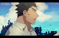Rule 34 | 1boy, black hair, blood, blood on clothes, close-up, facial hair, from side, grey eyes, injury, kihane atsusane, letterboxed, male focus, protagonist 3 (housamo), shirt, short hair, sideburns, solo, sweatdrop, thick eyebrows, tokyo houkago summoners, upper body, white shirt