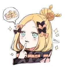 Rule 34 | 1girl, abigail williams (fate), abigail williams (traveling outfit) (fate), black bow, black jacket, blonde hair, blue eyes, bow, cropped torso, fate/grand order, fate (series), finger to mouth, food, forehead, hair bow, hair bun, hand up, heroic spirit traveling outfit, highres, index finger raised, jacket, long hair, long sleeves, looking away, multiple hair bows, official alternate costume, orange bow, pancake, parted bangs, parted lips, signature, simple background, single hair bun, sleeves past wrists, smile, sofra, solo, sparkle, spoken food, teeth, thought bubble, upper teeth only, white background