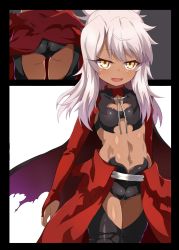 Rule 34 | 1girl, absurdres, armor, ass, bad id, bad twitter id, black legwear, black shorts, blush, breastplate, breasts, bridal gauntlets, cape, chloe von einzbern, commentary request, dark-skinned female, dark skin, eyelashes, fate/kaleid liner prisma illya, fate (series), hair between eyes, highres, hip focus, long hair, looking at viewer, navel, open mouth, pink hair, red cape, shimejinameko, short shorts, shorts, shrug (clothing), simple background, small breasts, smile, solo, thighs, waist cape, white background, yellow eyes