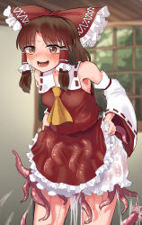 Rule 34 | 1girl, ascot, bad id, bad pixiv id, bare shoulders, bloomers, blush, bow, breasts, brown eyes, brown hair, detached sleeves, frilled hair tubes, frills, gunnjou yosio, hair tubes, hakurei reimu, highres, image sample, indoors, looking at viewer, nontraditional miko, open mouth, red bow, small breasts, suggestive fluid, sweat, teeth, tentacles, tentacles under clothes, touhou, underwear, window, yellow ascot