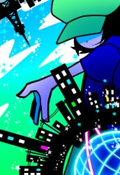 Rule 34 | 1boy, black hair, blue skirt, building, cloud, hat, hat over eyes, male focus, mzd, official style, pop&#039;n music, shaded face, short hair, short sleeves, skirt, skyline, skyscraper, smile, solo, star (symbol), tower, utility pole, voxxxup, yellow hat