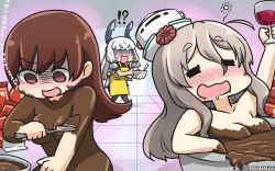 Rule 34 | !?, 3girls, alcohol, apron, black legwear, blush, brown eyes, brown hair, chocolate, closed eyes, commentary request, cup, drinking glass, drooling, drunk, empty eyes, hair ribbon, hamu koutarou, hat, headgear, highres, kantai collection, long hair, mini hat, multiple girls, murakumo (kancolle), one-hour drawing challenge, ooi (kancolle), open mouth, pantyhose, pola (kancolle), red ribbon, ribbon, silver hair, smile, translation request, tress ribbon, white hat, wine, wine glass, yellow apron